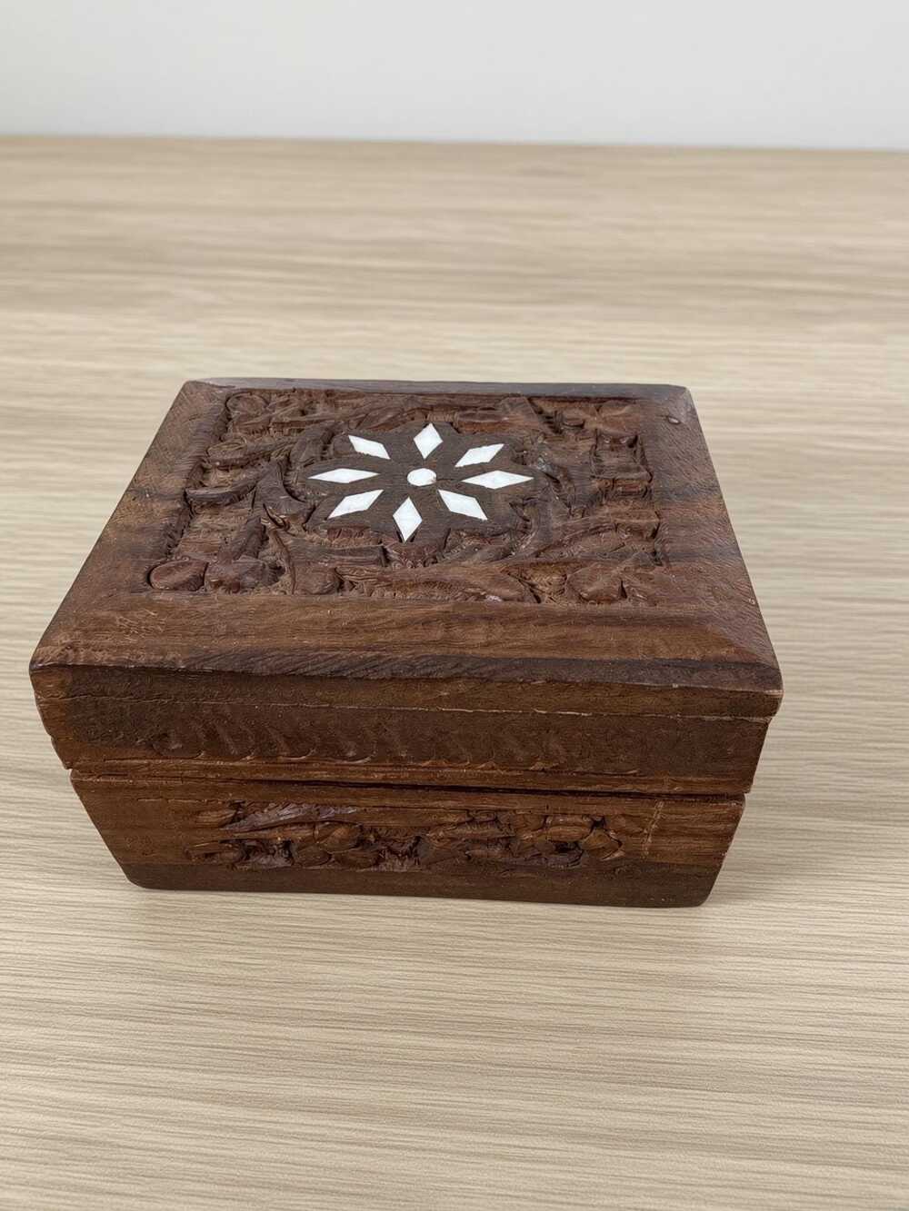 Vintage Carved Wood Trinket Box, Mother of Pearl Inlay, Hand Carved Floral